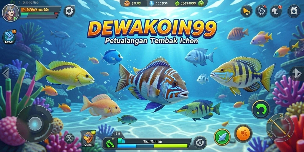 Screenshot gameplay DEWAKOIN99 dengan aksi menembak ikan.