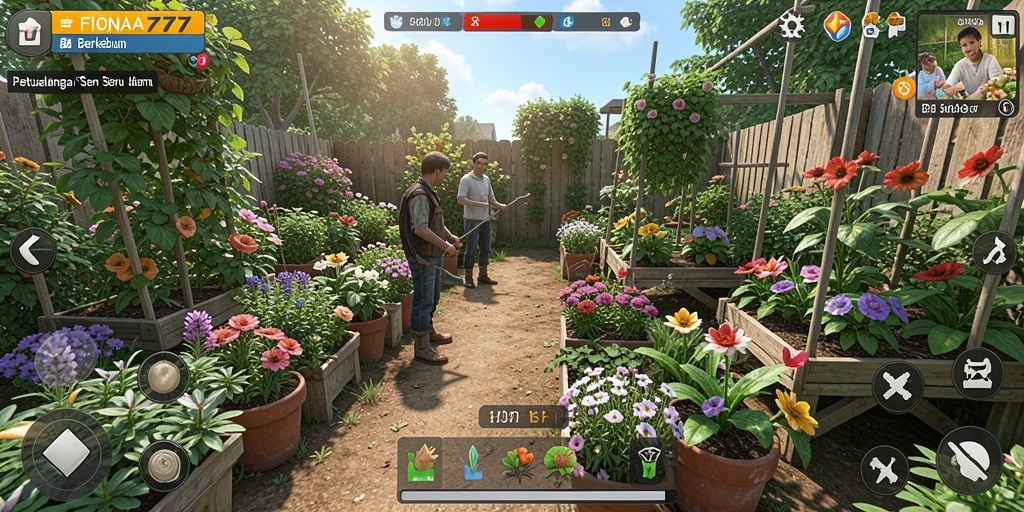 Screenshot FIONA77 menampilkan ladang hijau yang subur dengan berbagai tanaman.